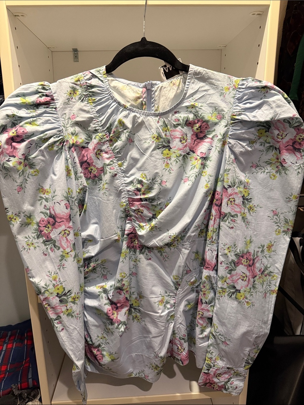 Ganni Light Blue Floral Puff-Sleeve Blouse with Pink Roses